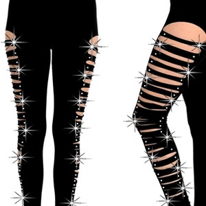 May include: Black leggings with horizontal slits and rhinestones along the sides.