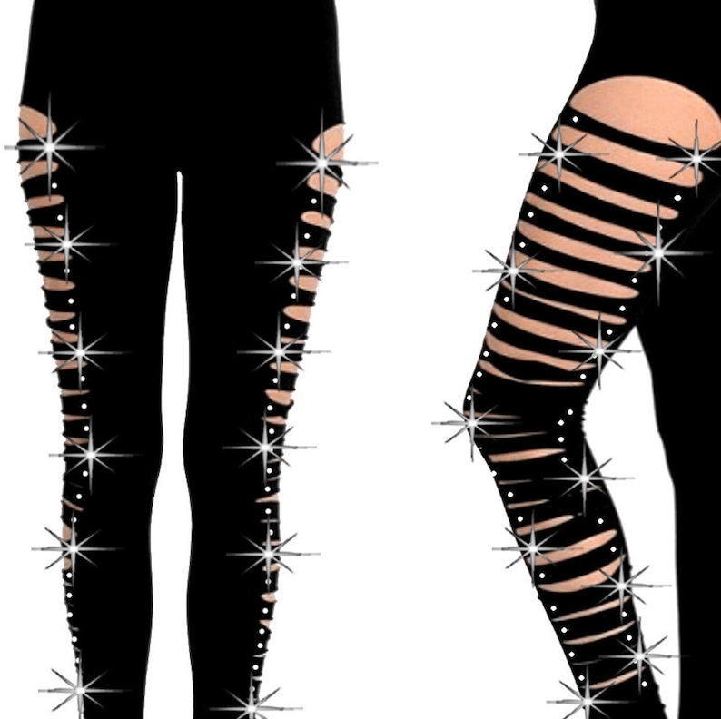 May include: Black leggings with horizontal slits and rhinestones along the sides.