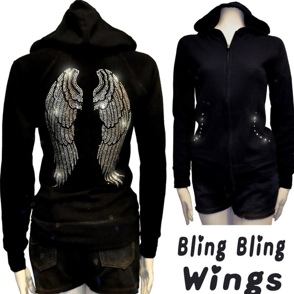 Women Bling Angel Wings Rhinestone Hoodie Sweater Full Zip Up Thick S,M,L, EVENT, CONCERT, PARTY