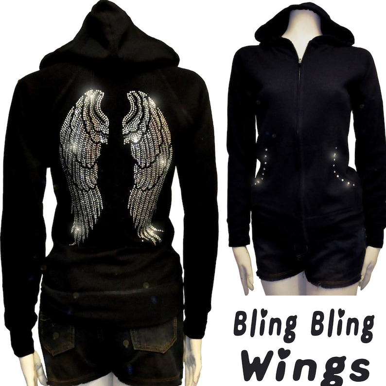 May include: Black hoodie with a zipper and rhinestone wings on the back. The text "Bling Bling Wings" is below the image.