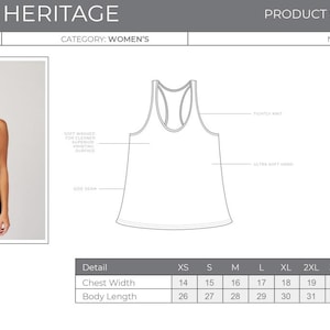 May include: Dark gray racer-back tank top. The image shows a woman wearing the tank top. The product specifications include chest width measurements from 14 to 19 inches and body length measurements from 26 to 31 inches.