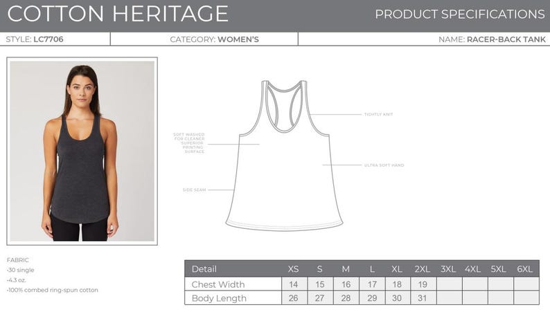 May include: Dark gray racer-back tank top. The image shows a woman wearing the tank top. The product specifications include chest width measurements from 14 to 19 inches and body length measurements from 26 to 31 inches.