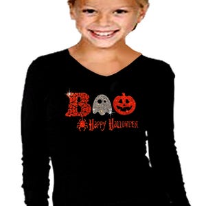 Girls Rhinestone Halloween Shirt: Boo Pumpkin Bling, Size 10-12