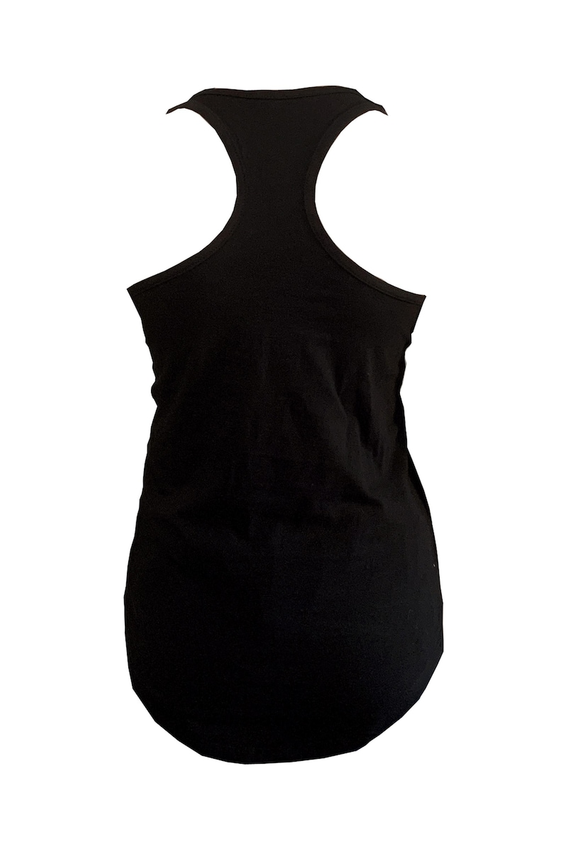 May include: A black racerback tank top. The sleeveless top has a scoop neck and a rounded hem. The back features a distinctive Y-shaped design. The tank top is made of a soft, opaque fabric.