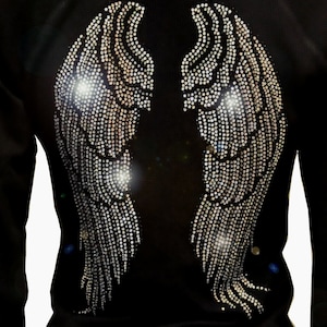 May include: Black long-sleeved shirt with a rhinestone design of angel wings on the back.