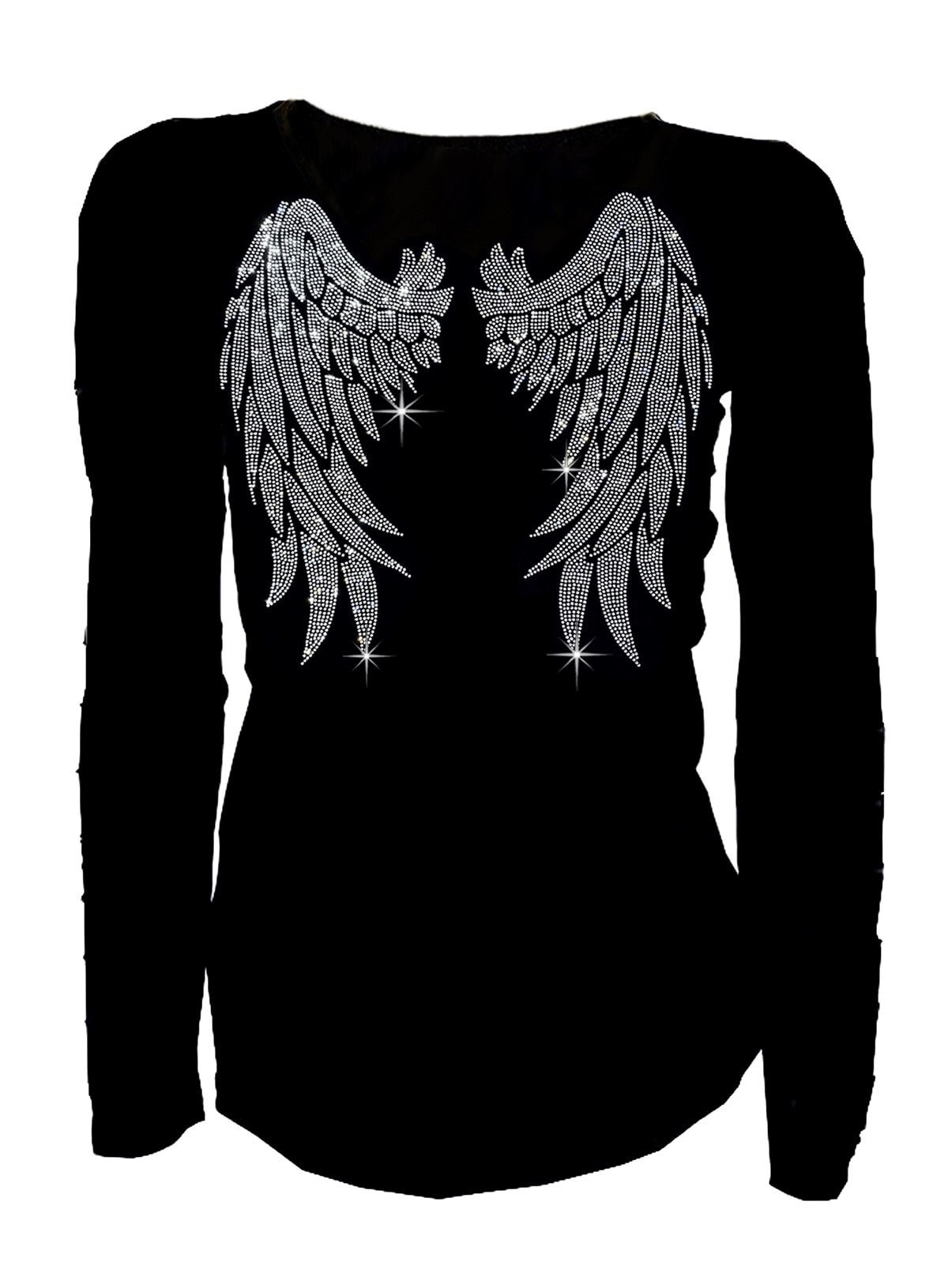 Rhinestone Wide Angel Wings T-shirt: Women's Bling Long Sleeves V