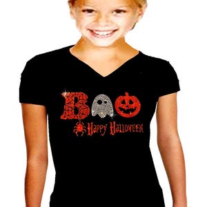 Girls Rhinestone Halloween Shirt: Spooky Boo Pumpkin Tee (Size 10-12)