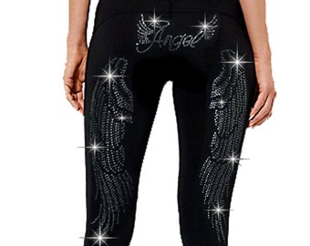 Women Blinging Angel Wings Cotton Rhinestones Leggings,S,M,L,XL,1XL,2XL,3XL