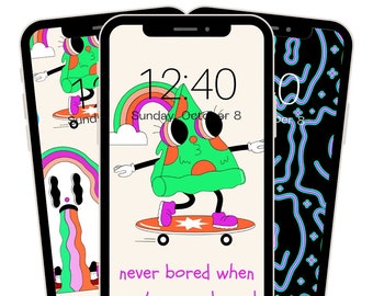 May include: Three different phone screen designs with a cartoon pizza slice character skateboarding. The middle screen shows the time 12:40 and the date Sunday October 8. The text on the bottom of the middle screen reads "never bored when you're on a board".