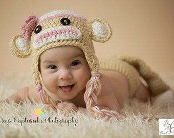 Newborn Sock Monkey hat, Newborn photography prop, newborn boy, crochet hat