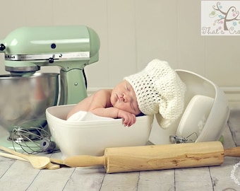 Newborn Chef Hat -  Newborn photography prop, newborn boy hat, newborn girl hat, crochet white hat