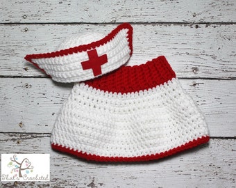Newborn Nurse hat and skirt- Newborn photography prop, newborn boy, newborn girl, crochet newborn nurse outfit