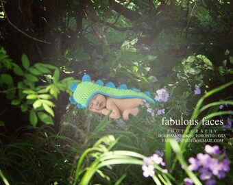 May include: A baby wearing a blue and green crocheted dinosaur hat sleeps on a bed of green leaves and purple flowers. The hat has a long tail that extends behind the baby.