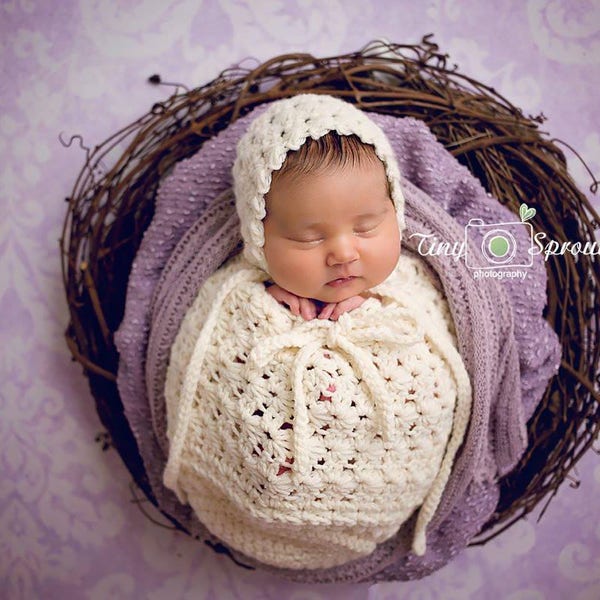 Newborn Snuggle Sack and matching bonnet - Newborn photography prop, newborn boy, newborn girl, crochet newborn star stitch swaddle sack