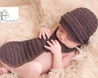 Newborn Newsboy hat and necktie, Newborn photography prop, newborn boy, crochet hat, newborn hat and necktie