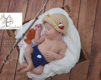 Newborn fisherman outfit, Newborn photography prop, newborn boy, newborn girl,crochet hat, newborn fisherman hat and diaper cover