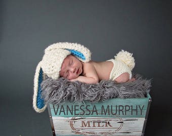 Newborn fluffy bunny hat and diaper cover, Newborn photography prop, newborn boy, newborn girl, crochet hat and diaper cover