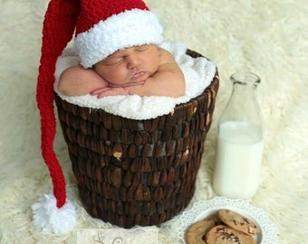 Newborn Christmas Long Tail Santa hat  - Newborn photography prop, crochet newborn hat, santa hat, christmas prop