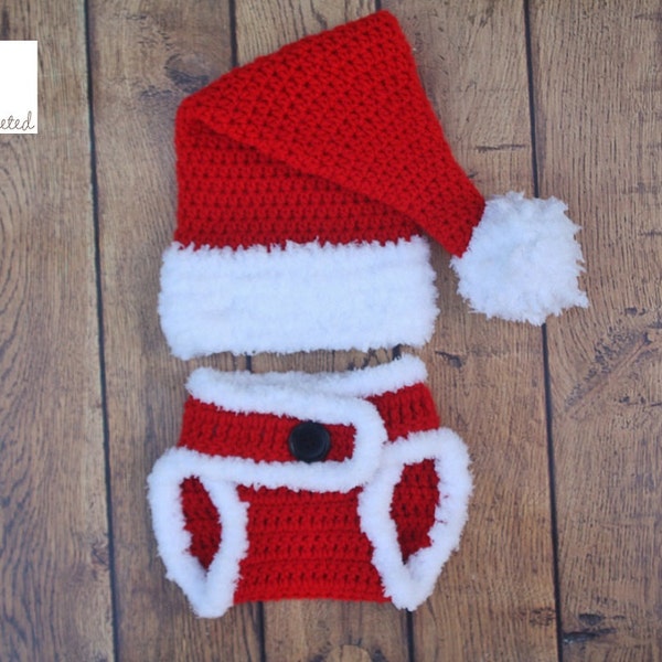 Newborn Santa hat and diaper cover - Newborn photography prop, newborn boy, newborn girl, crochet newborn hat and diaper cover