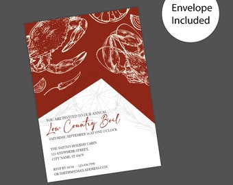 May include: A red and white invitation for a Low Country Boil. The invitation features a crab and lobster illustration with text that reads "You are invited to our annual Low Country Boil, Saturday, September 16 at one o'clock. The Smith's Holiday Cabin, 123 Anywhere Street, City Name, ST 45678. RSVP by 10/16 - 123,456,7890 or smiths@emailaddress.com"