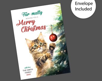 Whimsical Fur-mally Merry Christmas Cards: Printed Pet Holiday Greetings with Festive Cat Photo