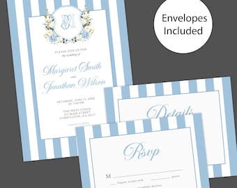 Hydrangea Floral Crest Wedding Invitation with Blue Stripes & Elegant Monogram