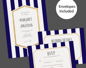 Elegant Gold  with Navy Striped Wedding Invitation - Printed Invite with Vertical Design
