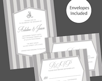 Gray Striped Monogram Wedding Invitation - Elegant Printed Invite with Crest & Neutral Tones