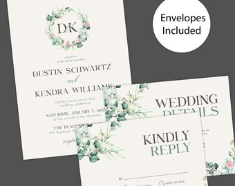 Elegant Botanical Monogram Wreath Wedding Invitation: Custom Printed Minimalist Greenery Crest Design