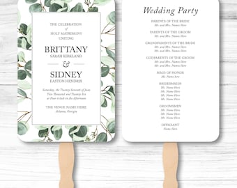 Botanical Greenery Wedding Program Fans: Customized Ceremony Accessories with Printed Details & Wooden Handle