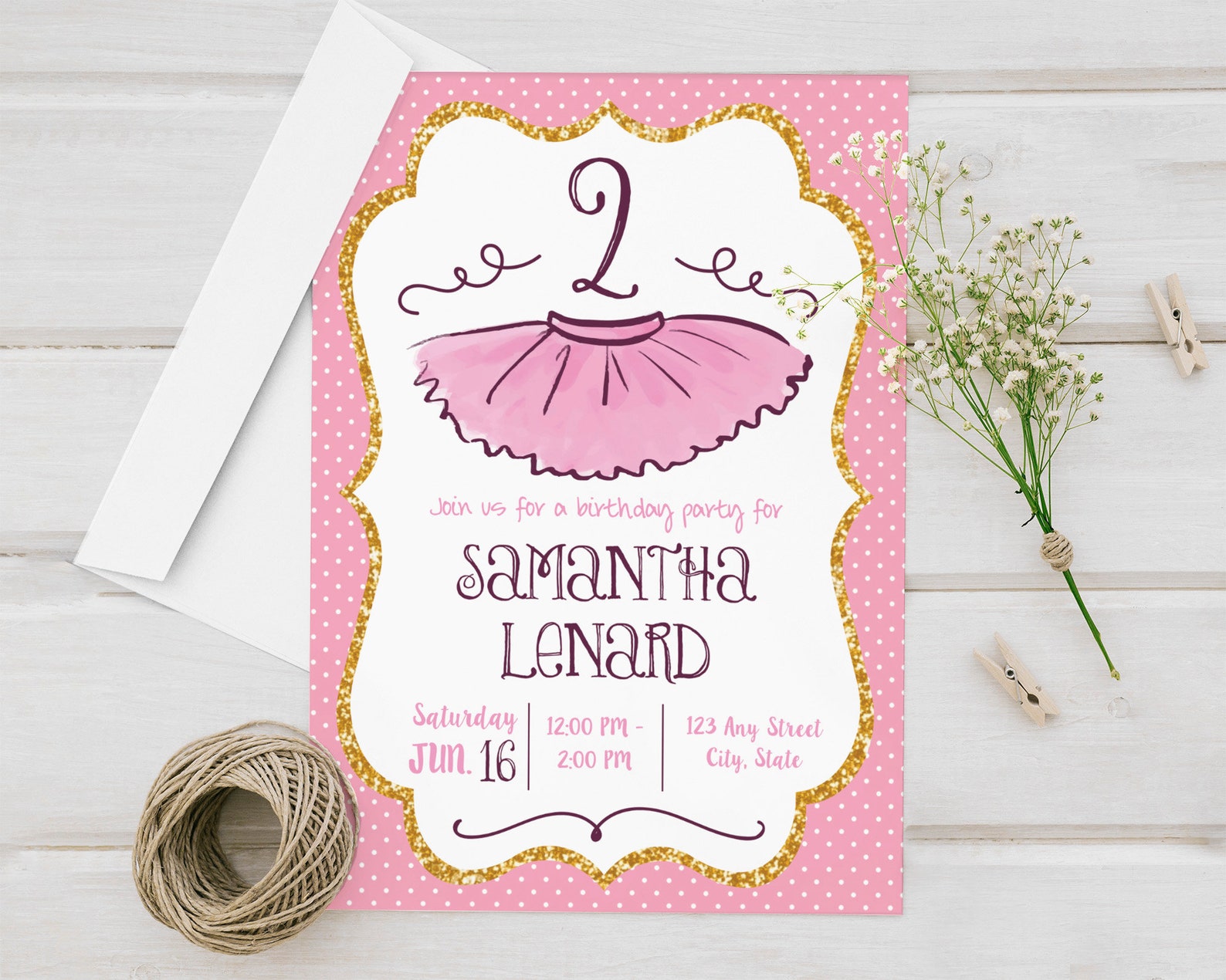 Tutu Themed Printed Birthday Invitation Baby Girl's 2nd Etsy