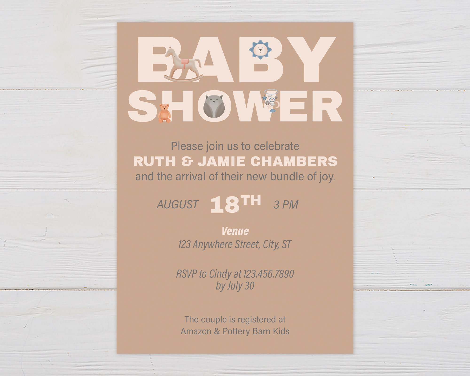 Printed Minimal Baby Shower Invitation: Woodland Themed Toys Announcement for Expecting Parents, Baby Toys Minimal