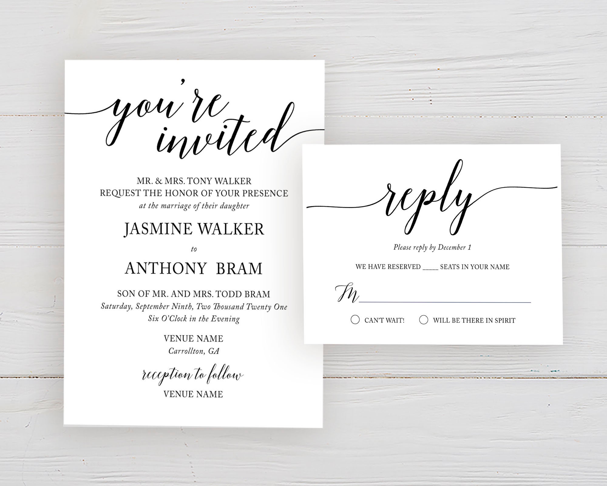 Simple Wedding Invitations And Rsvp Card Set You Re Invited Etsy