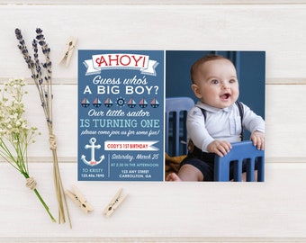 Ahoy Sailor Printed Birthday Invitation, Nautical Themed Party