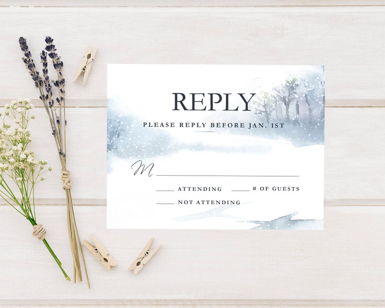 Watercolor Winter Wedding Ceremony Invites Soft Snowfall Wedding Invitations /& RSVP Card Set