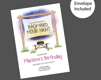 May include: A watercolour illustration of a backyard movie night invitation for Marlene's birthday. The invitation features a projector, a picnic table, and a sign that says "You're invited to a backyard movie night".
