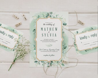 Refined Eucalyptus Gold Frame Wedding Invitations & RSVP Card Set