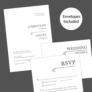 May include: Wedding invitation with RSVP card. The invitation features the names "Christian Simpson" and "Angel Thompson" with a simple floral design. The RSVP card includes a line for the guest's name and two options: "happily accepts with" and "regretfully declines".