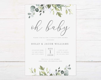 Elegant Eucalyptus Baby Shower Invitation: Printed Botanical Leaf Design for Oh Baby Celebration, Oh Baby Eucalyptus Shower Invitation