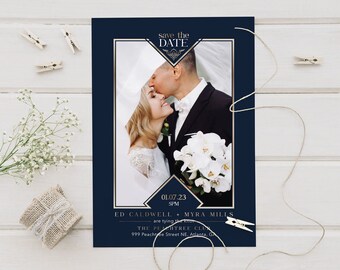Navy Blue Gold Initials Wedding Save The Date Cards