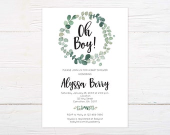 Elegant Eucalyptus Baby Boy Shower Invitation - Printed Botanical Leaf Design for Simple Green Celebration
