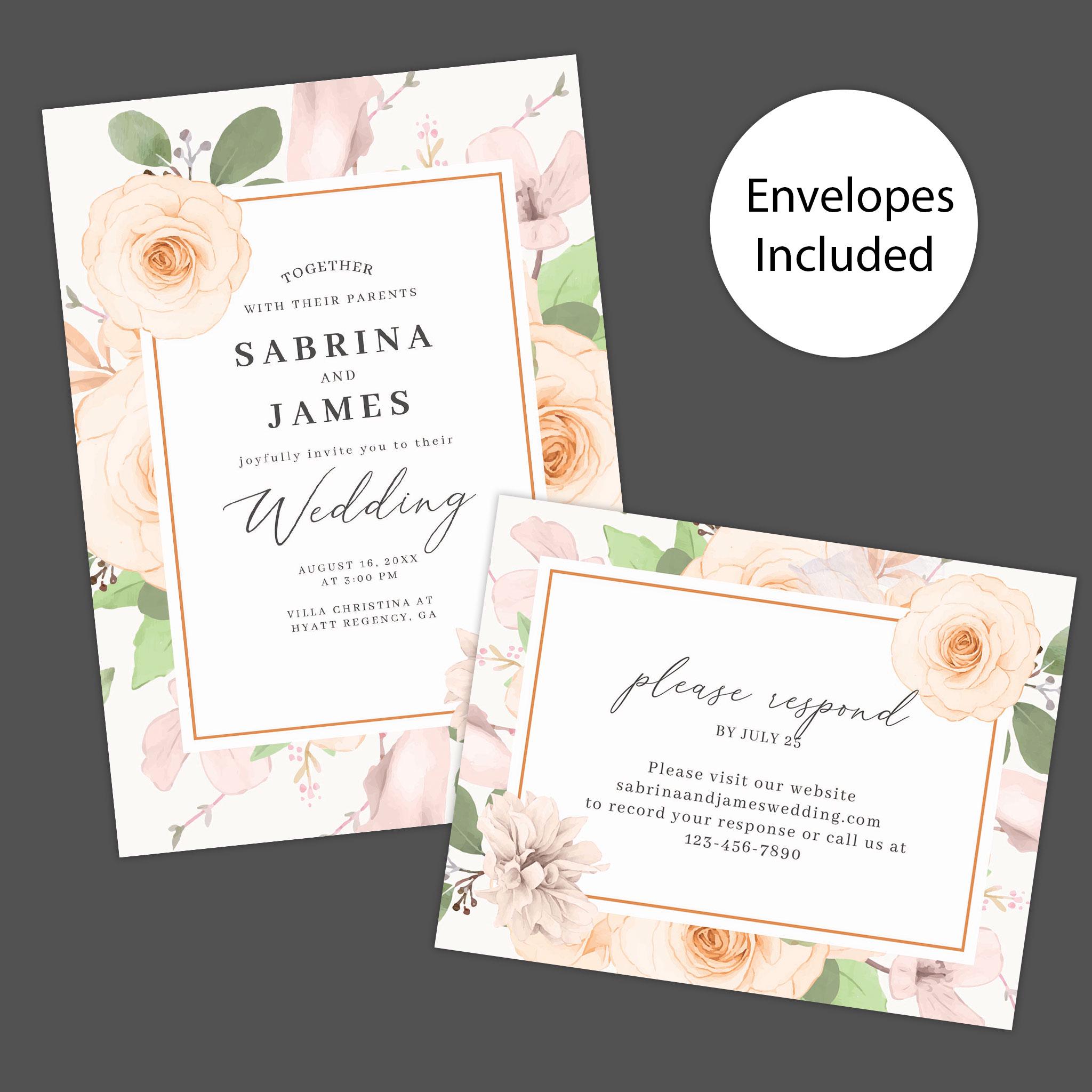Elegant Peach Floral Garden Wedding Invitation Suite: Printed