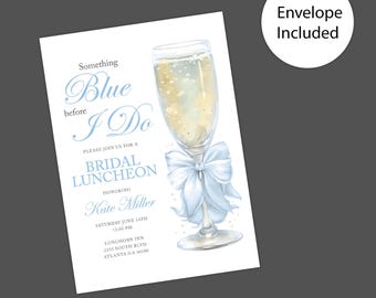 Elegant Something Blue Bridal Luncheon Invitation | Watercolor Greenery Border | Personalized Stationery