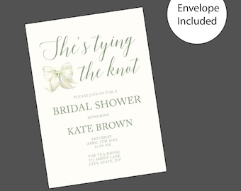 Elegant Sage Green Bridal Shower Invitation with Bow & Floral Design for Wedding Celebrations
