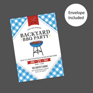 May include: A blue and white checkered invitation for a backyard BBQ party. The invitation features a grill with food on it and the text "Let's Get Toasted Backyard *BBQ Party*" and "Join us for cocktails & backyard BBQ June 28 20XX 9PM-1AM The Smith's Home 123 Anywhere Street City, ST 45678".
