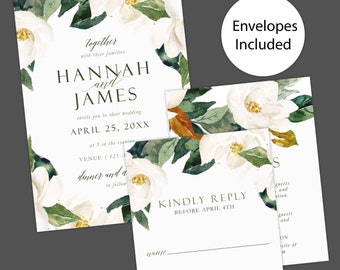 Elegant Magnolia Floral Wedding Invitation Set - Formal Botanical Printed Stationery for Romantic Ceremony