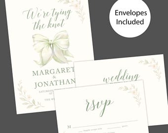 Elegant Sage Green Bow Wedding Invitation - Floral Romantic Garden Ceremony Card with Ribbon - Tying the Knot Suite