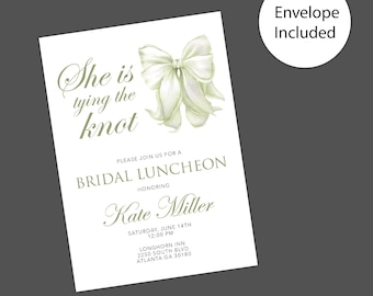 Elegant Sage Green Bow Bridal Luncheon Invitation | Pre-Wedding Brunch Card | Shis is Tying the Knot