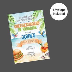 Cheeseburger Paradise Party Invitation: Beach-Themed Cookout Celebration for Adults & Graduations