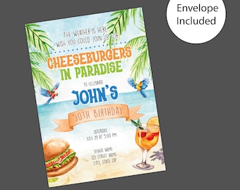 May include: A tropical-themed birthday party invitation with a cheeseburger, a cocktail, and palm trees. The text reads "Cheeseburgers in Paradise" to celebrate John's 50th birthday. The invitation includes the date, time, and location of the party.